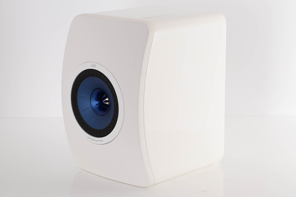 Front right corner of a used KEF LS50 Standmount Speaker in a White finish