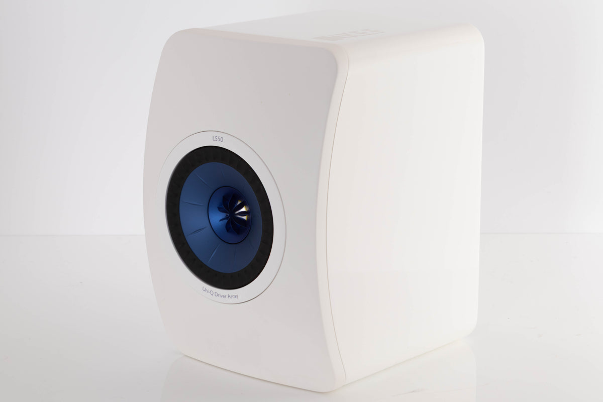 Front right corner of a used KEF LS50 Standmount Speaker in a White finish