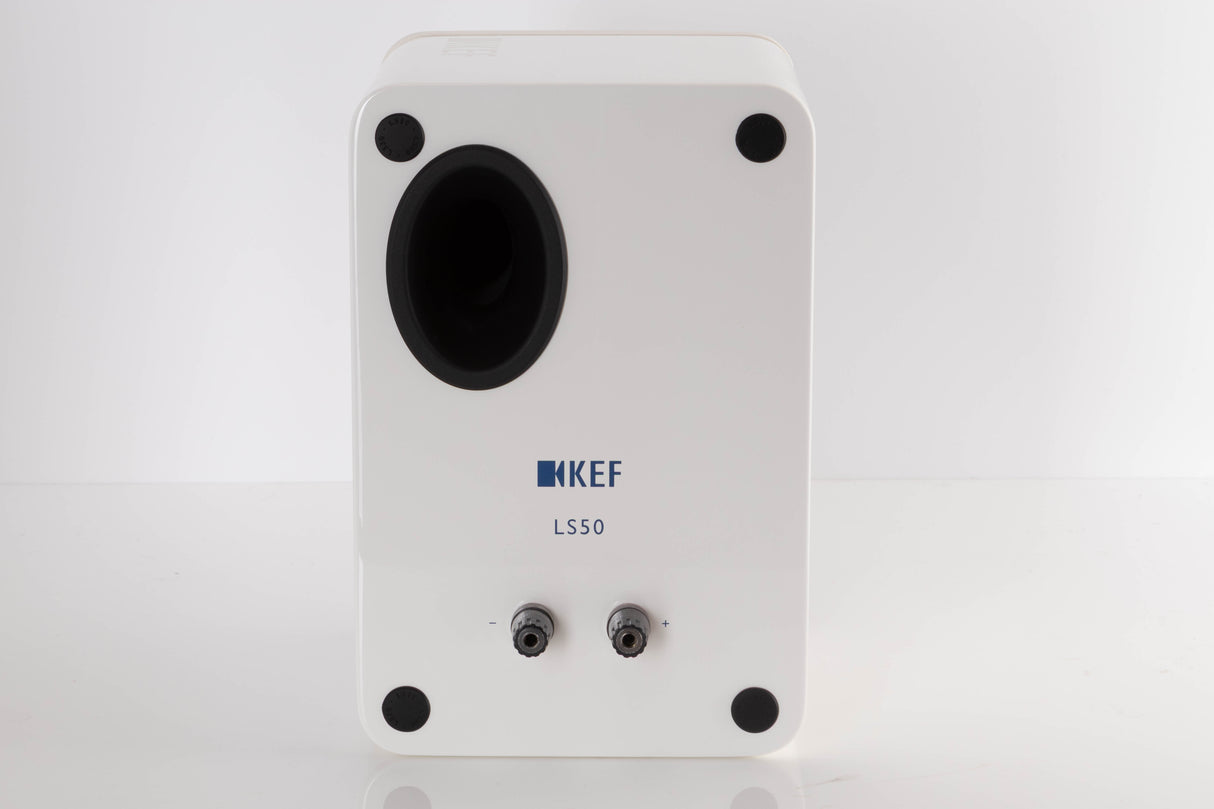 Rear view of a used KEF LS50 Standmount Speaker in a White finish