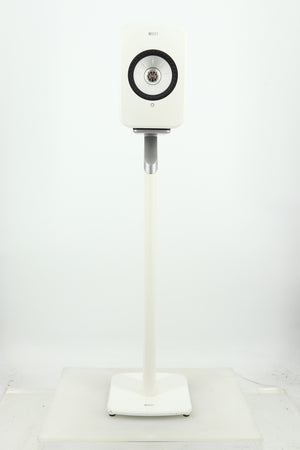 Front view of a used KEF LSX Standmount Speaker W/ Stand in a white finish