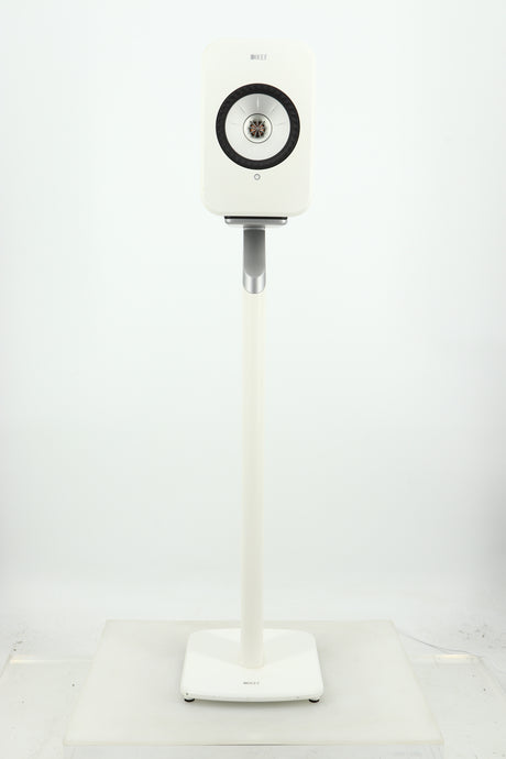 Front view of a used KEF LSX Standmount Speaker W/ Stand in a white finish