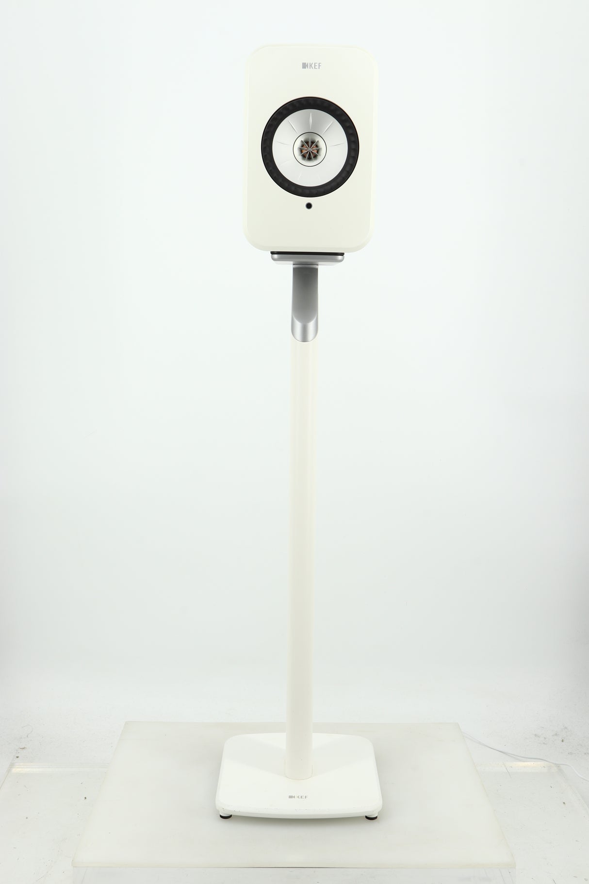 Front view of a used KEF LSX Standmount Speaker W/ Stand in a white finish