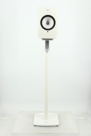 Front view of a used KEF LSX Standmount Speaker W/ Stand in a white finish