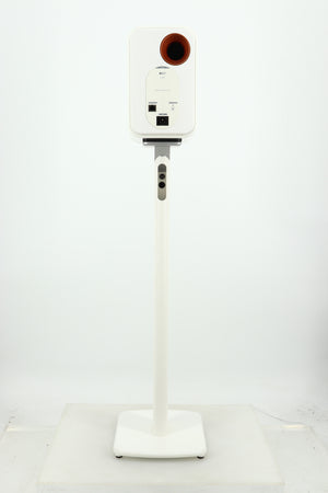 Rear view of a used KEF LSX Standmount Speaker W/ Stand in a white finish showing Ethernet Input, Optical Input, AUX Input and Power Input
