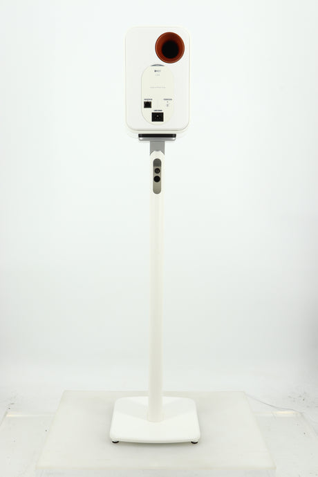 Rear view of a used KEF LSX Standmount Speaker W/ Stand in a white finish showing Ethernet Input, Optical Input, AUX Input and Power Input