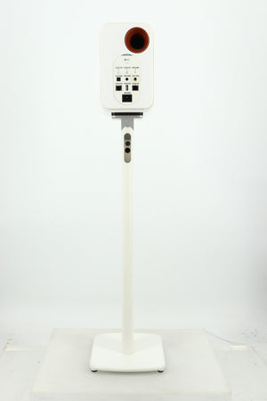 Rear view of a used KEF LSX Standmount Speaker W/ Stand in a white finish showing Ethernet Input, Optical Input, AUX Input and Power Input
