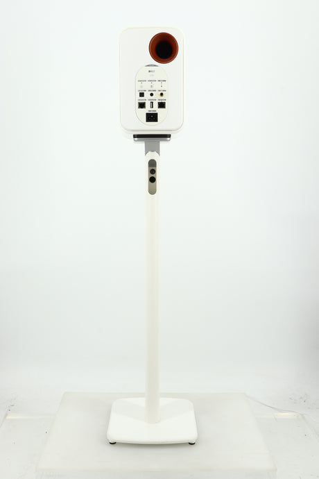 Rear view of a used KEF LSX Standmount Speaker W/ Stand in a white finish showing Ethernet Input, Optical Input, AUX Input and Power Input