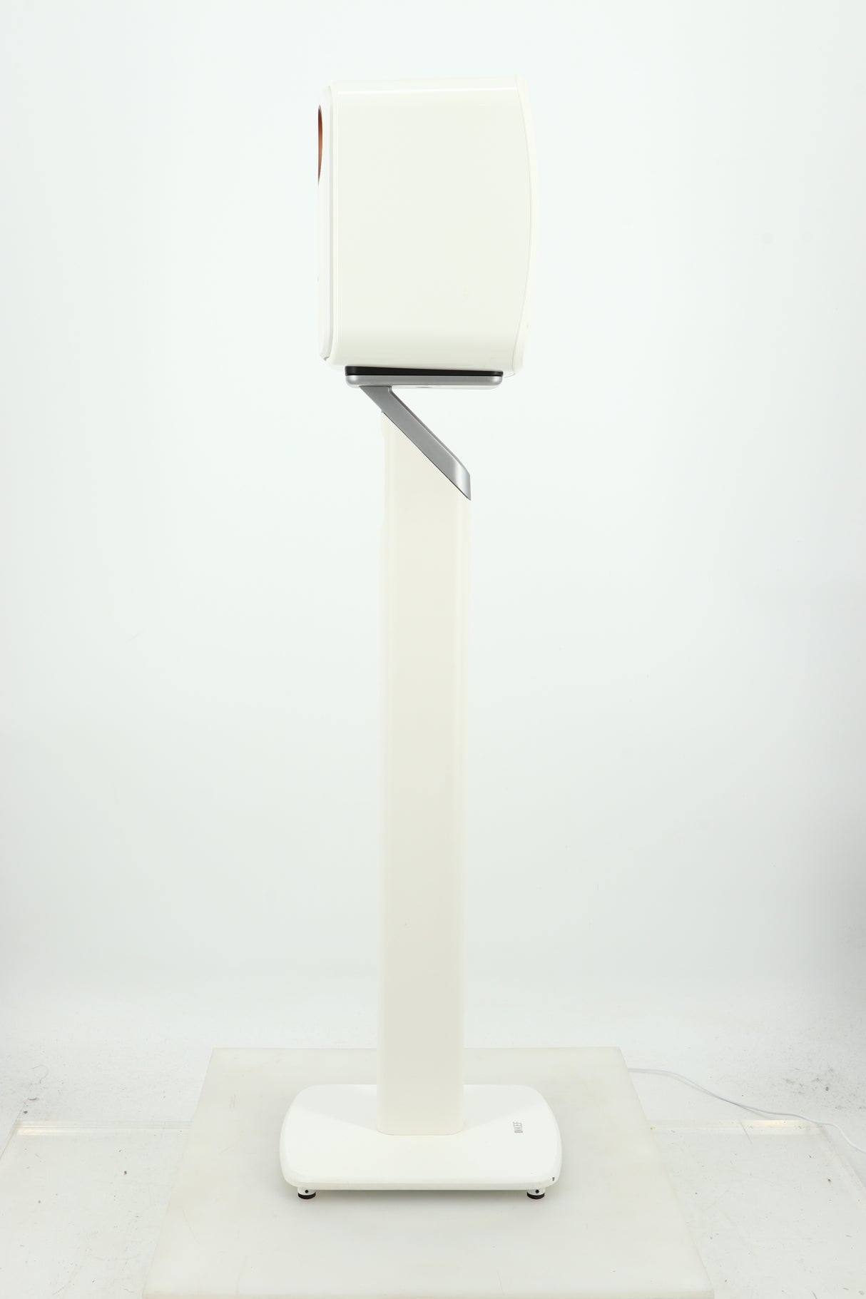 Left side view of a used KEF LSX Standmount Speaker W/ Stand in a white finish