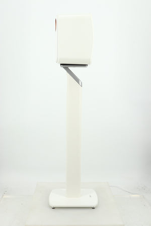 Left side view of a used KEF LSX Standmount Speaker W/ Stand in a white finish