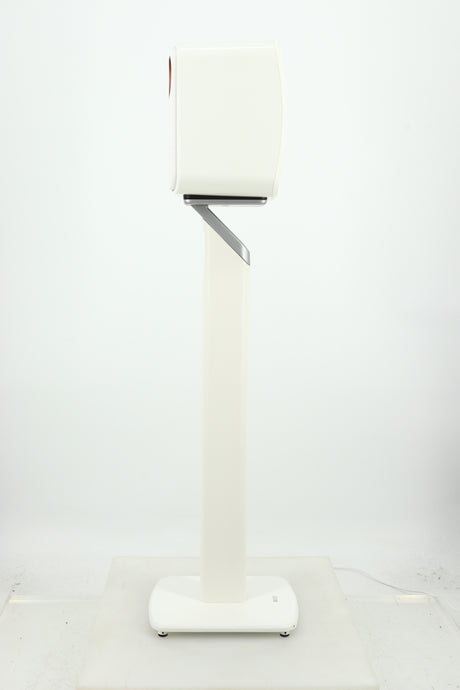Left side view of a used KEF LSX Standmount Speaker W/ Stand in a white finish