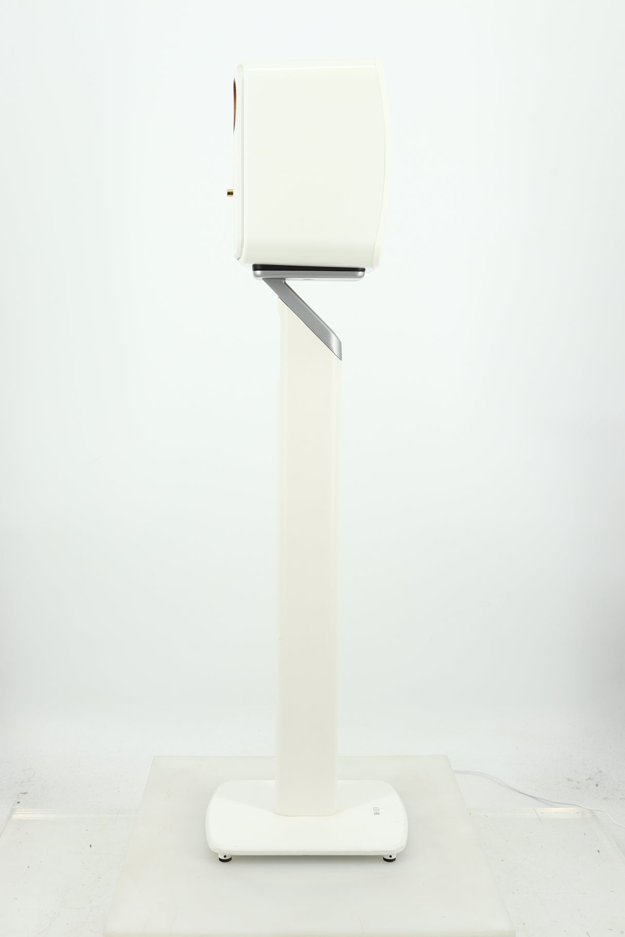 Left side view of a used KEF LSX Standmount Speaker W/ Stand in a white finish