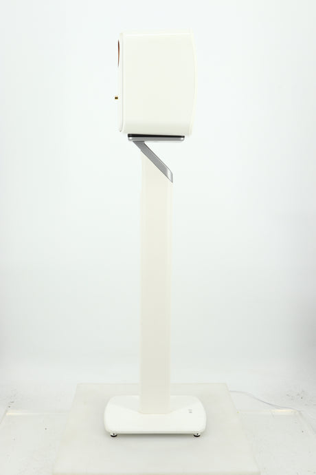 Left side view of a used KEF LSX Standmount Speaker W/ Stand in a white finish