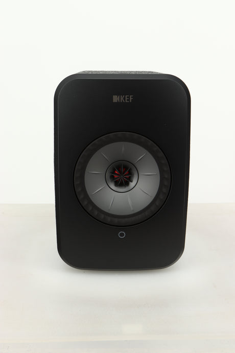 Front view of a KEF LSX Wireless Standmount Speaker in Black finish