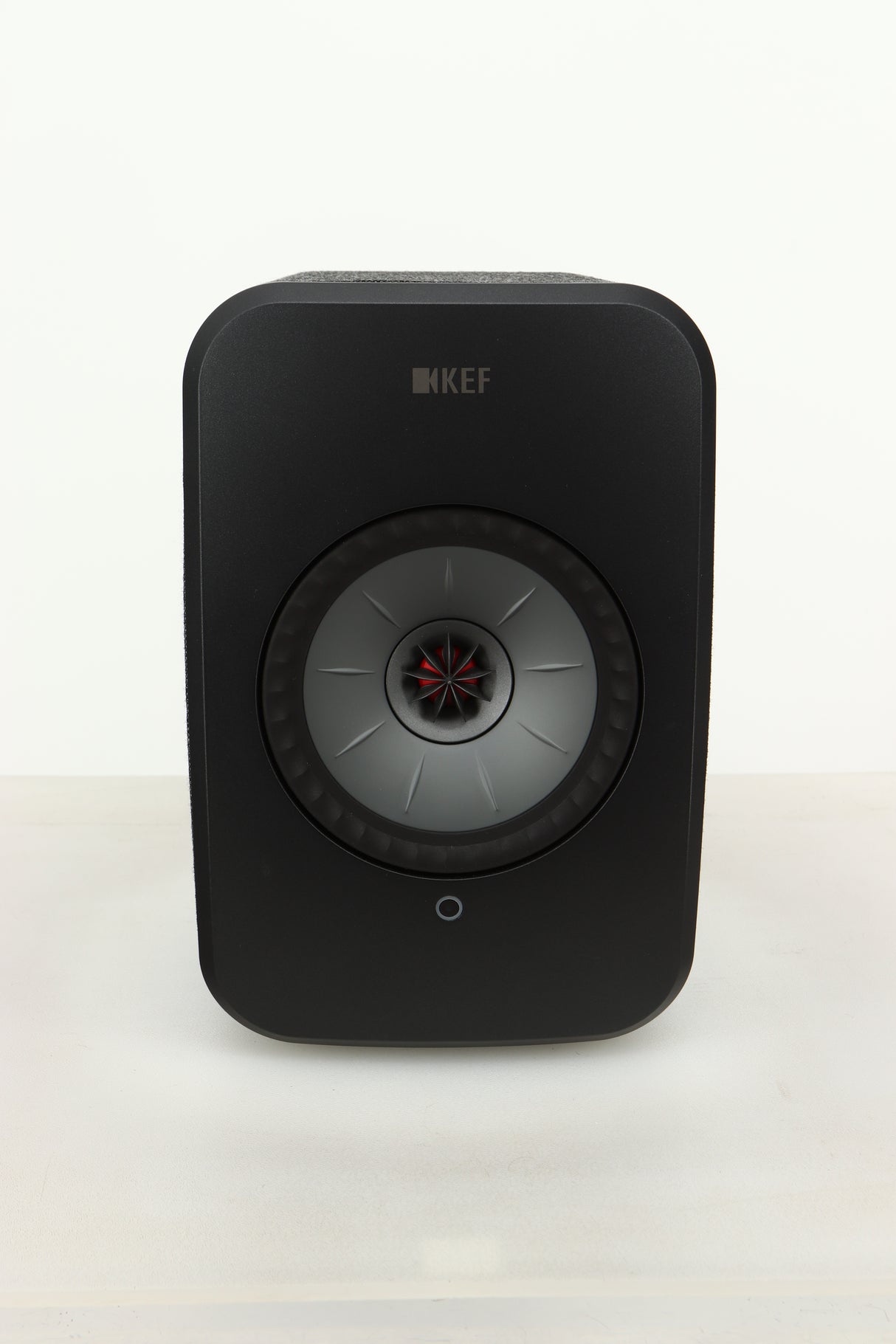 Front view of a KEF LSX Wireless Standmount Speaker in Black finish