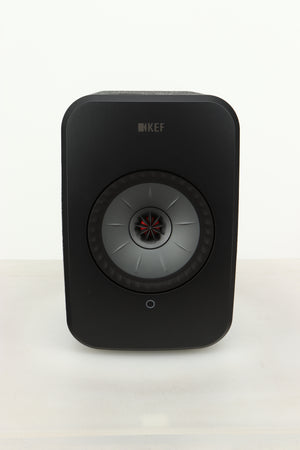 Front view of a KEF LSX Wireless Standmount Speaker in Black finish