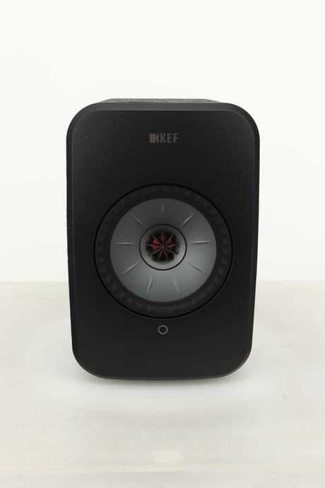 Front view of a KEF LSX Wireless Standmount Speaker in Black finish
