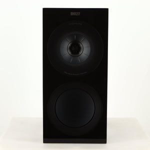 Front view of a used KEF R3 Meta Standmount Speaker in a black gloss finish