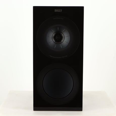 Front view of a used KEF R3 Meta Standmount Speaker in a black gloss finish