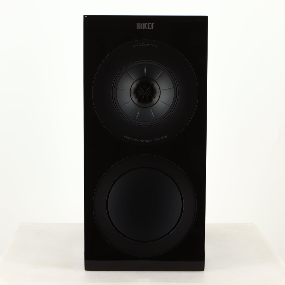 Front view of a used KEF R3 Meta Standmount Speaker in a black gloss finish