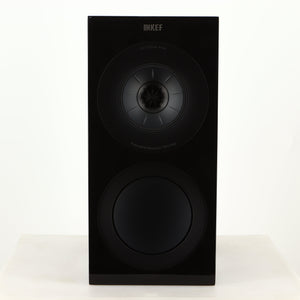 Front view of a used KEF R3 Meta Standmount Speaker in a black gloss finish