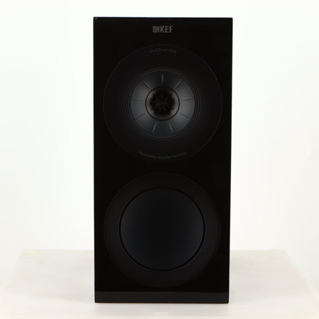 Front view of a used KEF R3 Meta Standmount Speaker in a black gloss finish