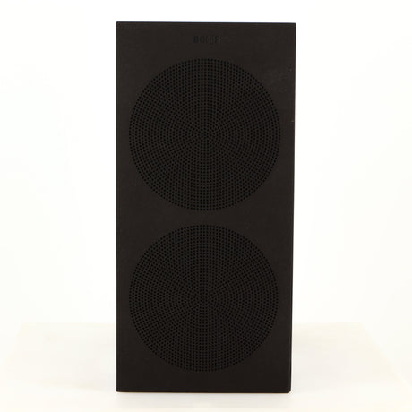 Front view of a used KEF R3 Meta Standmount Speaker in a black gloss finish showing grille