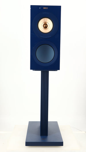 Front view of a used KEF R3 META Standmount Speaker W/ Stand in an indigo gloss finish