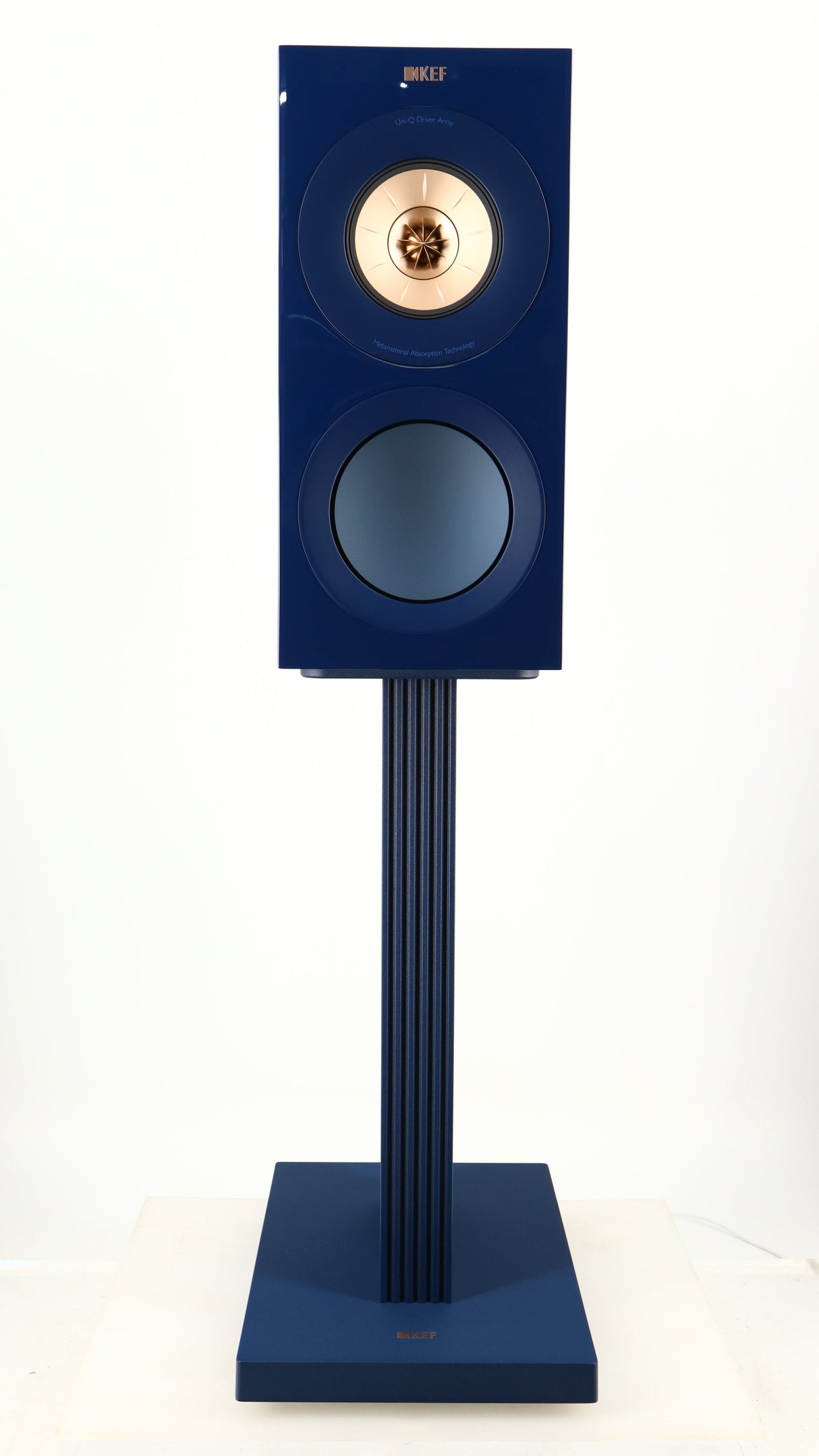 Front view of a used KEF R3 META Standmount Speaker W/ Stand in an indigo gloss finish