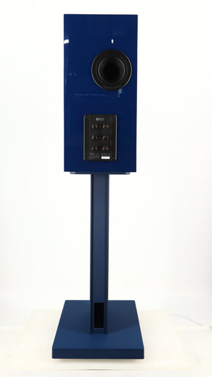 Rear view of a used KEF R3 META Standmount Speaker W/ Stand in an indigo gloss finish