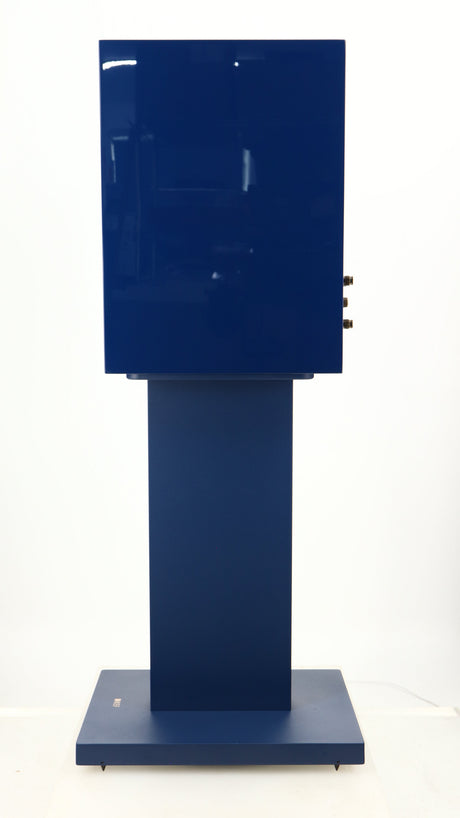 Right side view of a used KEF R3 META Standmount Speaker W/ Stand in an indigo gloss finish