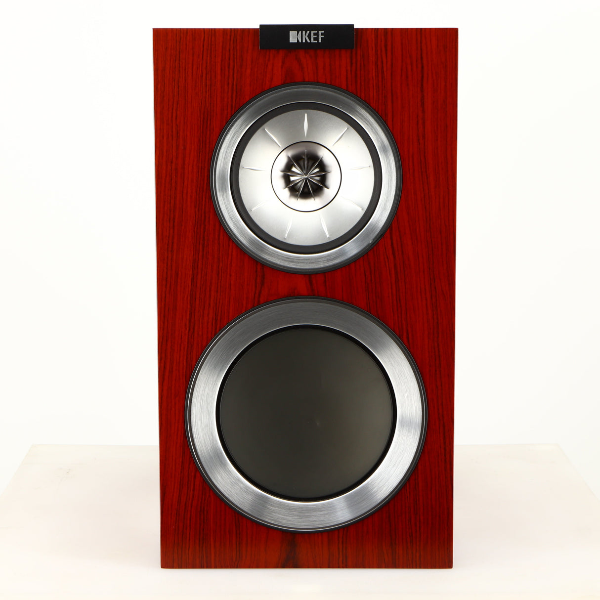 Front view of a used KEF R300 Standmount Speaker in a rosewood finish