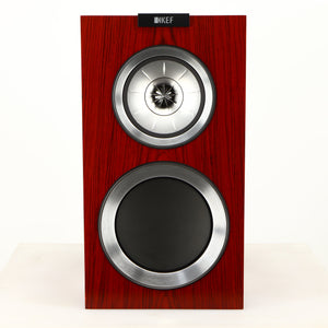Front view of a used KEF R300 Standmount Speaker in a rosewood finish