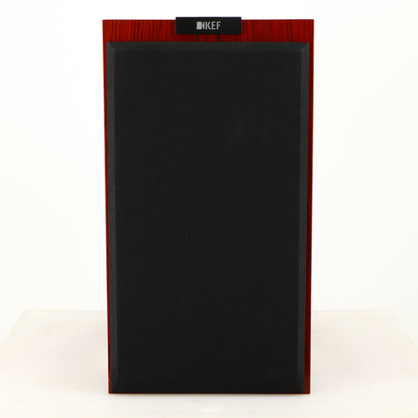 Front view of a used KEF R300 Standmount Speaker in a rosewood finish showing Grille