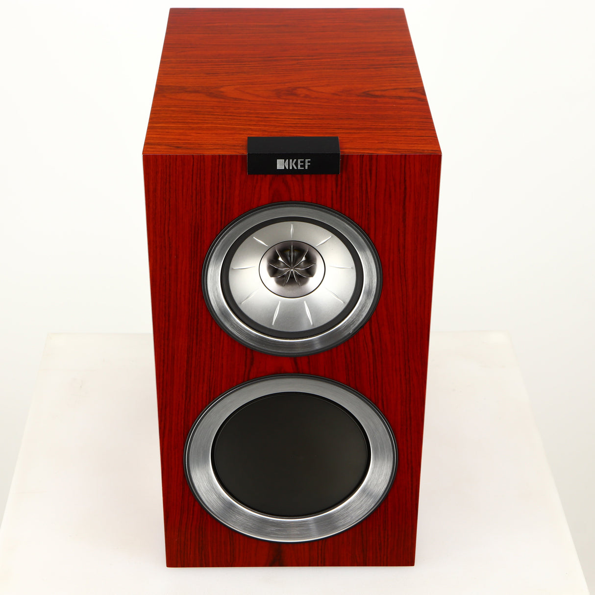 Top of a used KEF R300 Standmount Speaker in a rosewood finish