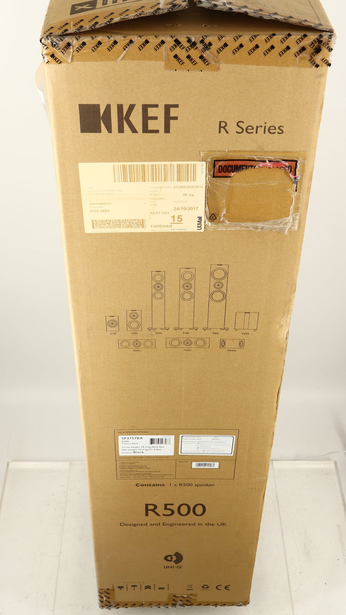 Box for a used KEF R500 Floorstanding Speaker in a gloss black finish