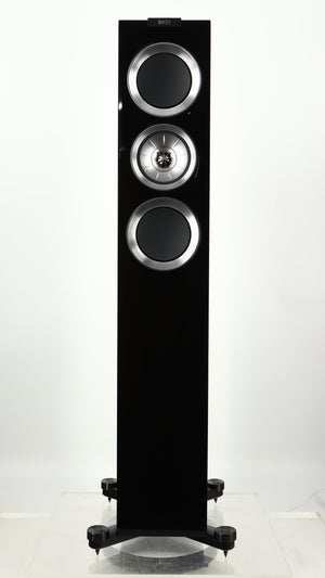 Front view of a used KEF R500 Floorstanding Speaker in a gloss black finish