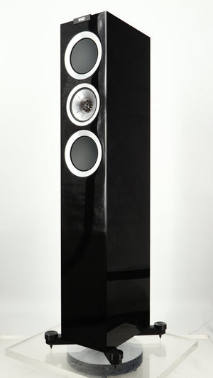 Front right corner of a used KEF R500 Floorstanding Speaker in a gloss black finish