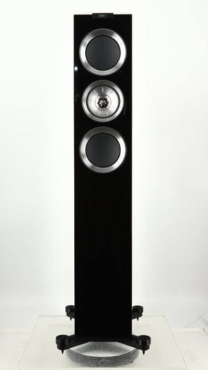 Front view of a used KEF R500 Floorstanding Speaker in a gloss black finish
