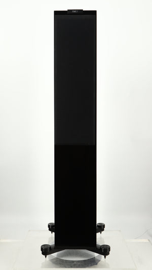 Front view of a used KEF R500 Floorstanding Speaker in a gloss black finish showing grille