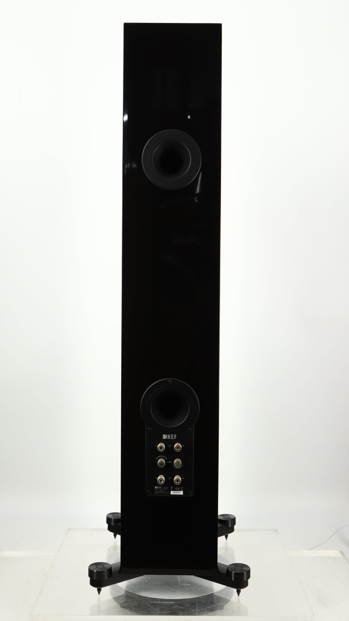 Rear view of a used KEF R500 Floorstanding Speaker in a gloss black finish