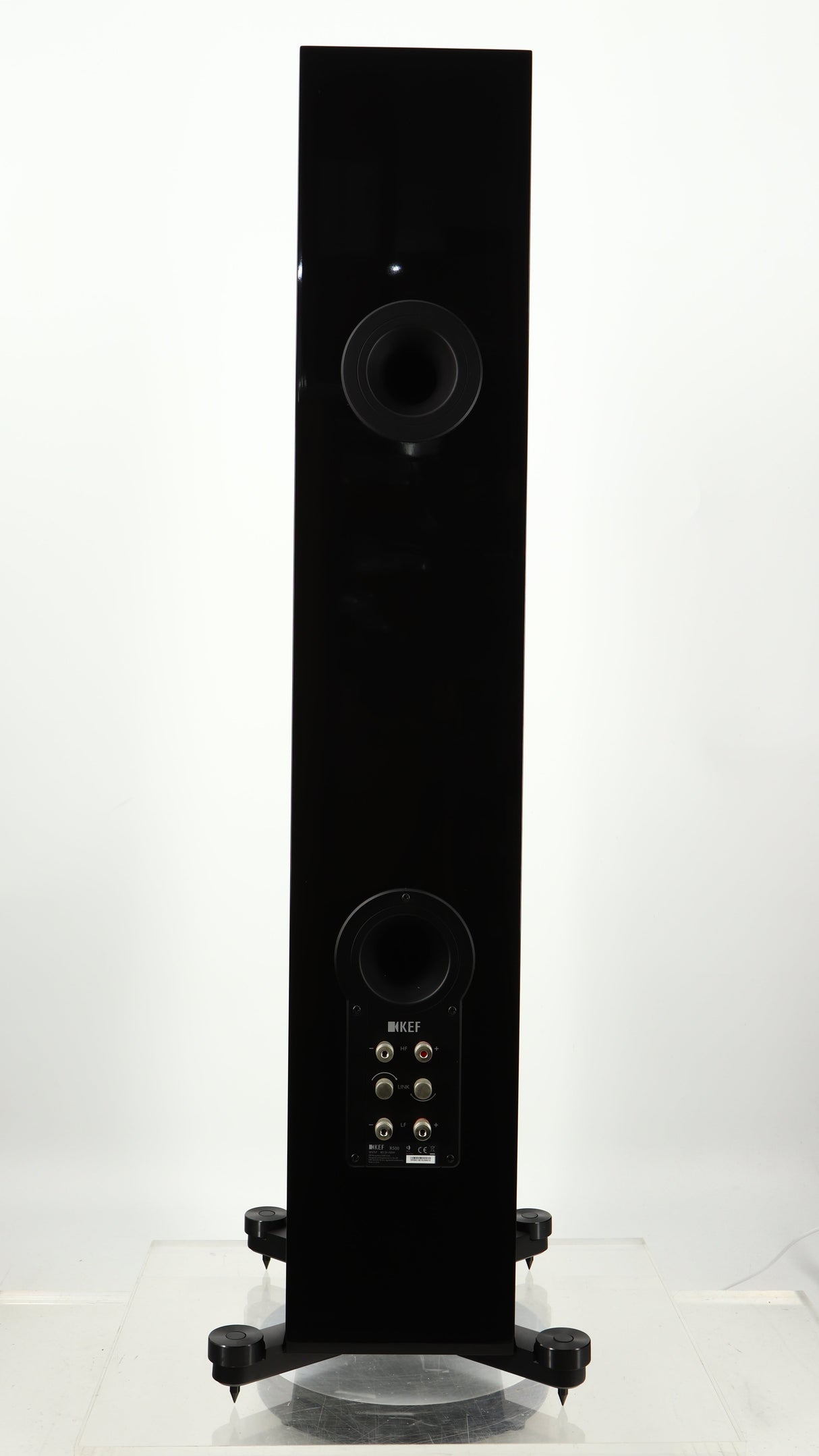 Rear view of a used KEF R500 Floorstanding Speaker in a gloss black finish