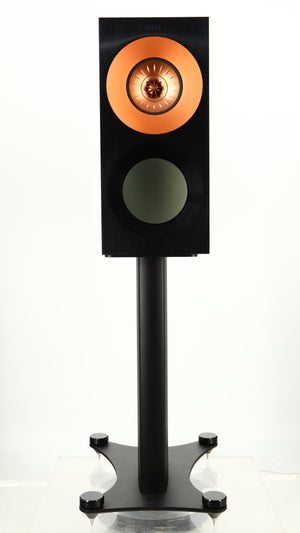 Front view of a used KEF Reference 1 Standmount Speaker W/ Stand in a copper black aluminium finish
