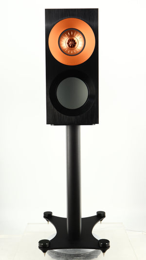 Front view of a used KEF Reference 1 Standmount Speaker W/ Stand in a copper black aluminium finish
