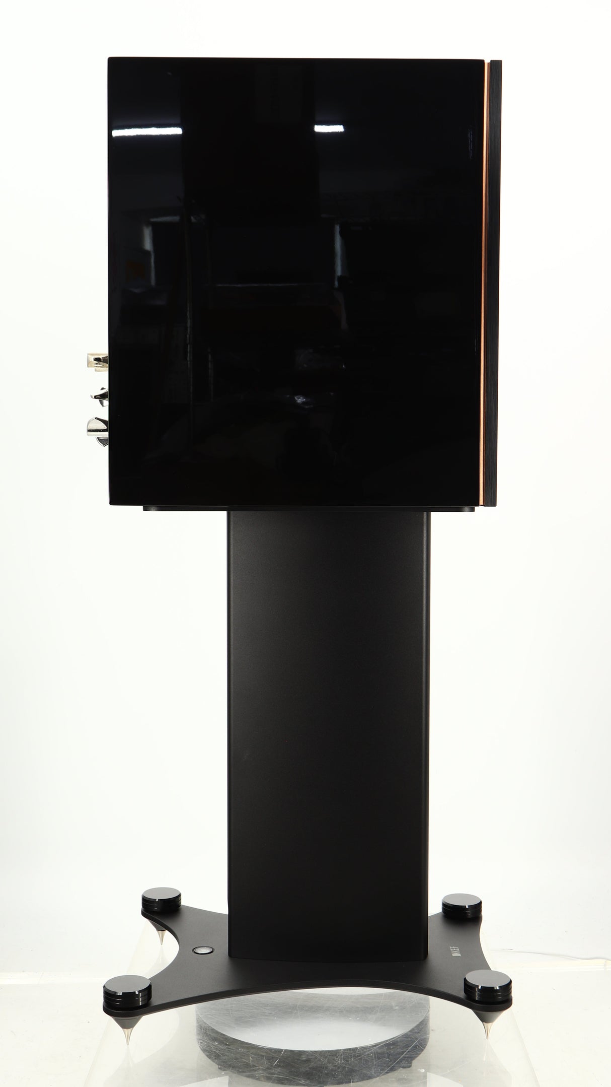 Left side view of a used KEF Reference 1 Standmount Speaker W/ Stand in a copper black aluminium finish