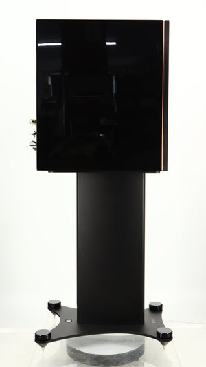 Left side view of a used KEF Reference 1 Standmount Speaker W/ Stand in a copper black aluminium finish