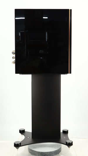 Left side view of a used KEF Reference 1 Standmount Speaker W/ Stand in a copper black aluminium finish