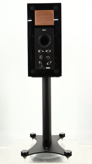 Rear view of a used KEF Reference 1 Standmount Speaker W/ Stand in a copper black aluminium finish