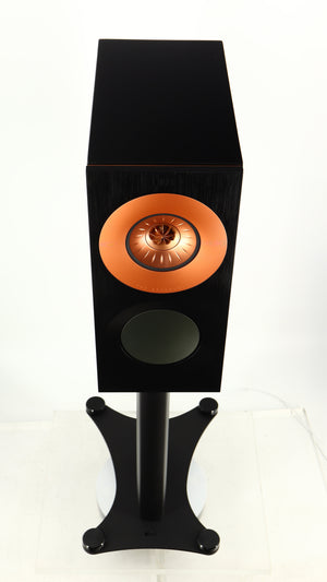 Top of a used KEF Reference 1 Standmount Speaker W/ Stand in a copper black aluminium finish