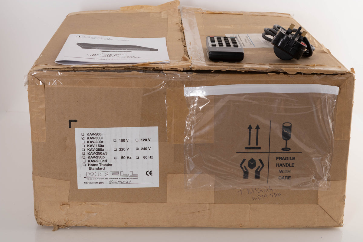 Box of a used Krell KAV-300i Integrated Amplifier with mains cable, manual, and remote