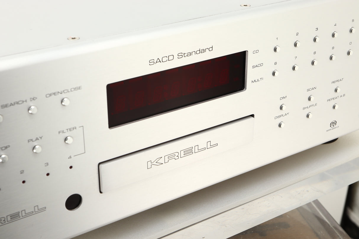 Close up view of a used Krell SACD Standard CD Player in Silver finish showing the display